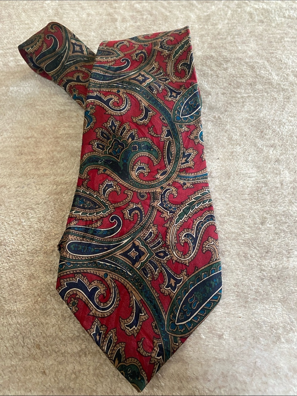 Hardy Amies Silk Red Paisley Tie with Green and Gold Accents British Tailoring